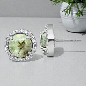 Faceted Prehnite and CZ Halo Stud Earrings in 925 Sterling Silver